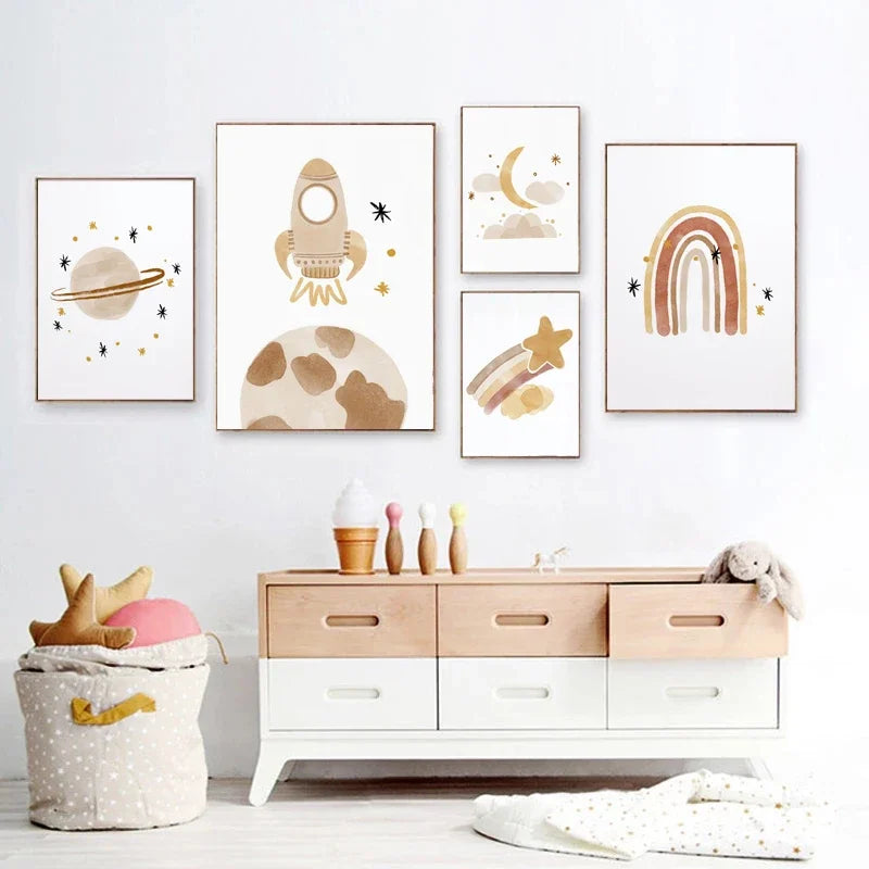 Nursery Wall Art Sun Stars Moon Earth Posters And Prints Children's Room Decoration Cartoon Universe Picture For Kid Room Poster