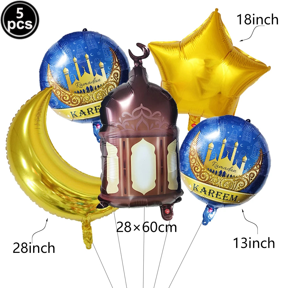 5pcs Eid Mubarak Balloons Decors Ramadan Lantern Moon Star Shape Moon Castle Pattern Foil Balloons Islamic Muslims Party Supplie