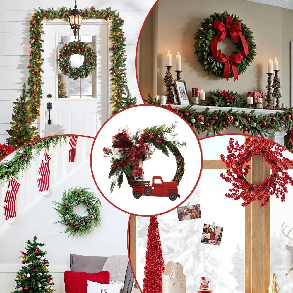 1pcs Farmhouse Christmas Wreath 35x43cm Red Truck Straw Decor Door Hanger For Home Indoor Outdoor Holiday Christmas Decoration