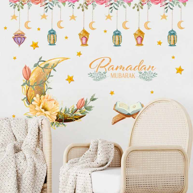 2025 Ramadan Mubarak Window Sticker EID Mubarak Moon Star Wall Stickers for Home Decoration Islamic Muslim Party Supplies Gifts