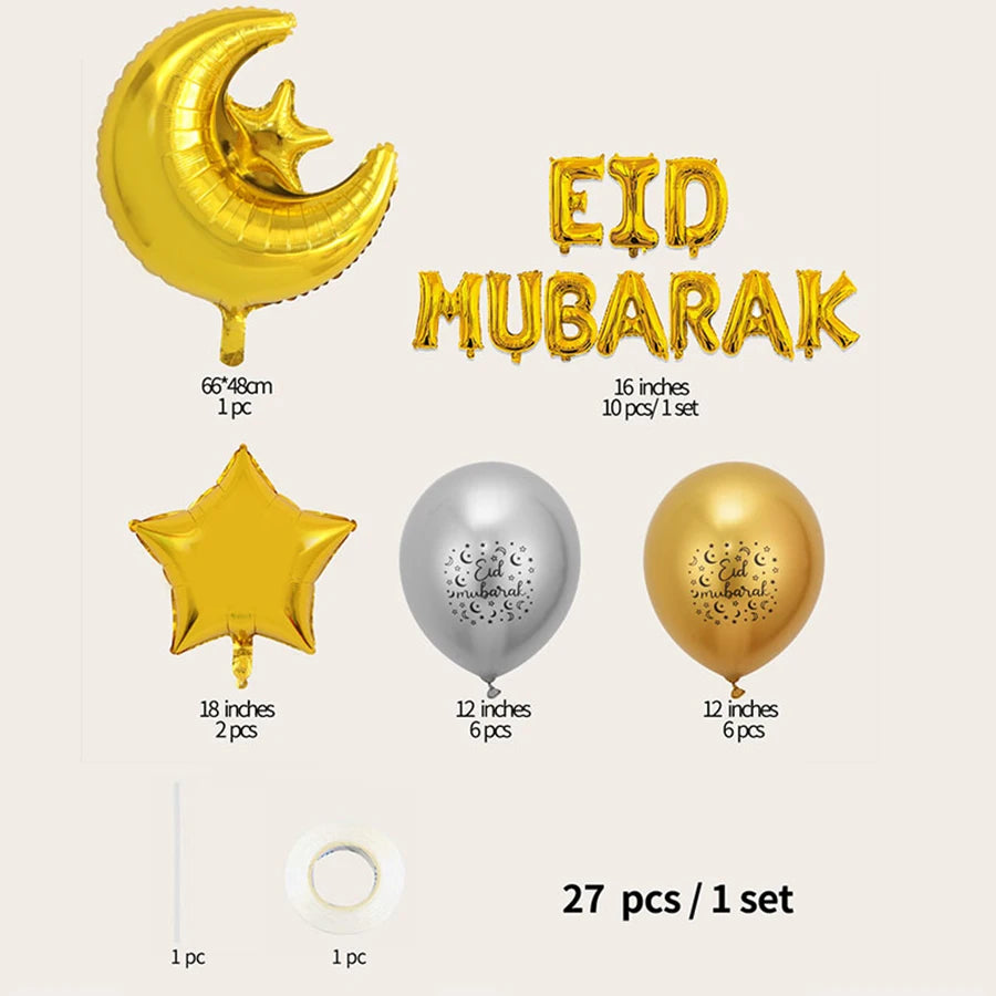 27pcs Eid Mubarak Balloons Decoration 2025 Muslim Hajj Decor Ramadan Kareem Festival Banner Star Moon Foil Balloon