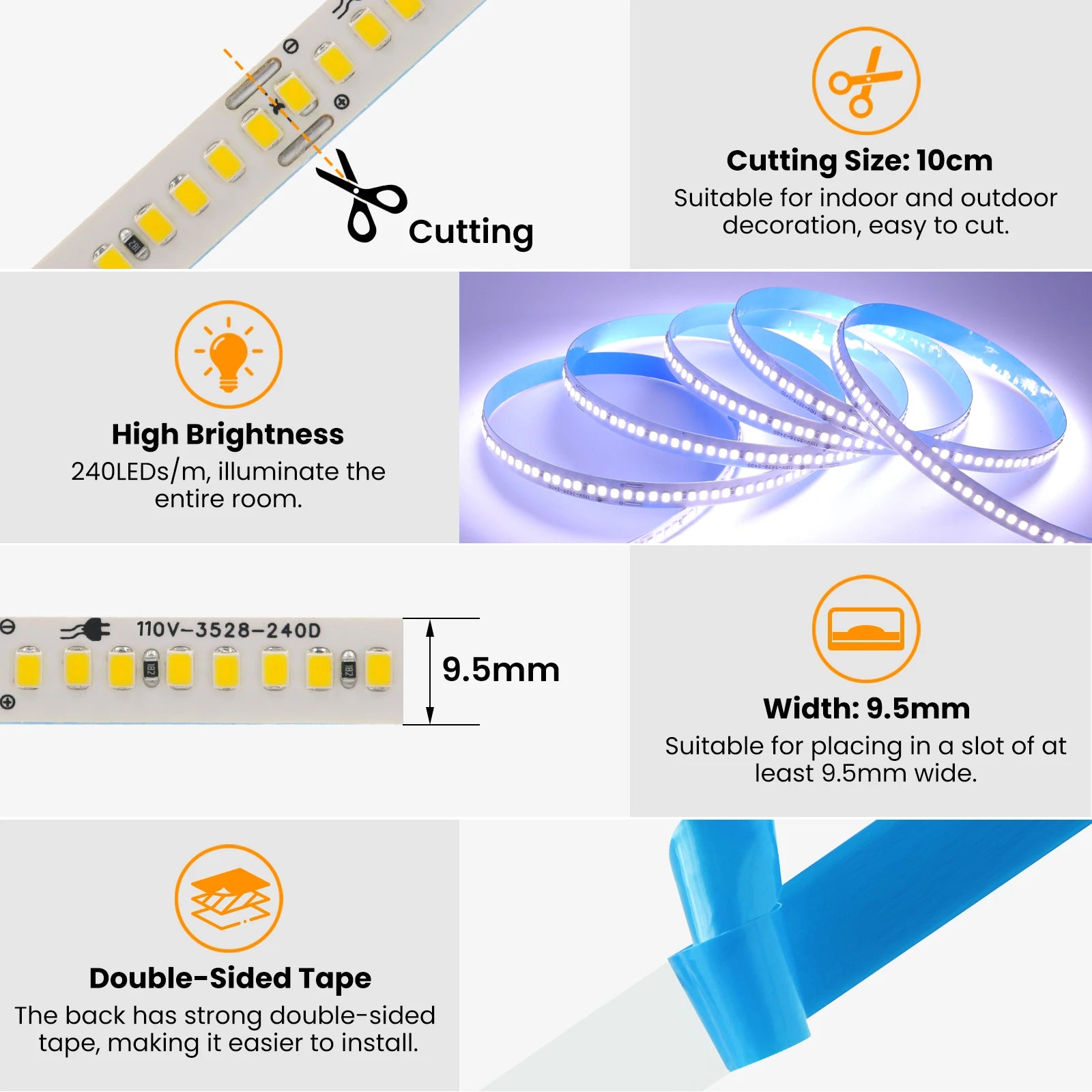 110V 220V LED Strip 2835 240LEDs/M Flexible 10CM Cuttable 5m 10m 15m 20m Soft Light Bar IP44 Waterproof Adhesive Tape Lamp