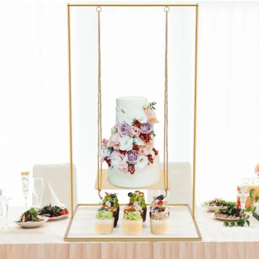 Gold Metal Swing Cake Stand 2.8 Feet Tall Hanging Dessert Display Centerpiece with Jute Rope Floating Cake Stand for Wedding Bir