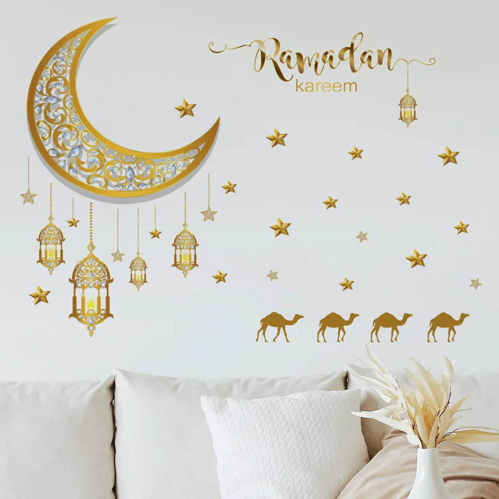 Ramadan Wall Decor Stickers Islamic Muslim Wall Decals Eid Mubarak Ramadan Lantern Moon Star Window Decor For Home Decorations
