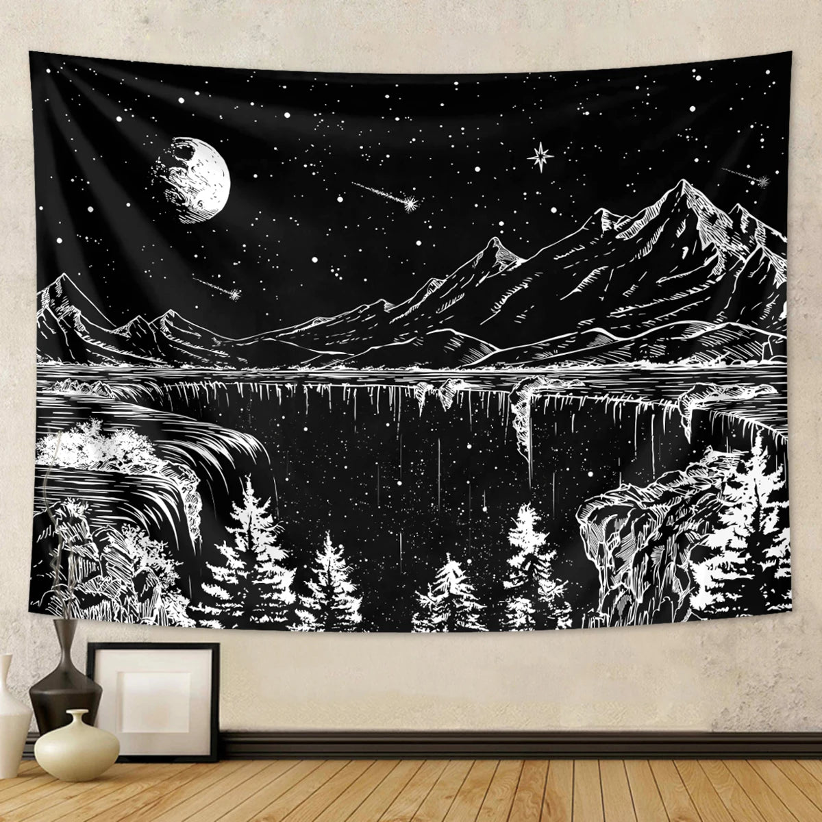 1pc Black and white abstract landscape tapestry, starry night mountain tapestry, bedroom aesthetic moon and star tapestry