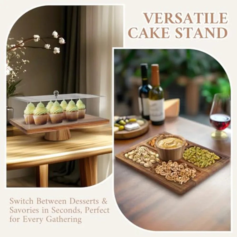 Acacia Wood Cake Stand with Lid, 3 in 1 Rectangular Cake Holder, Wooden Cake Plate with Strong lagnetic Base, Dessert Table Disp