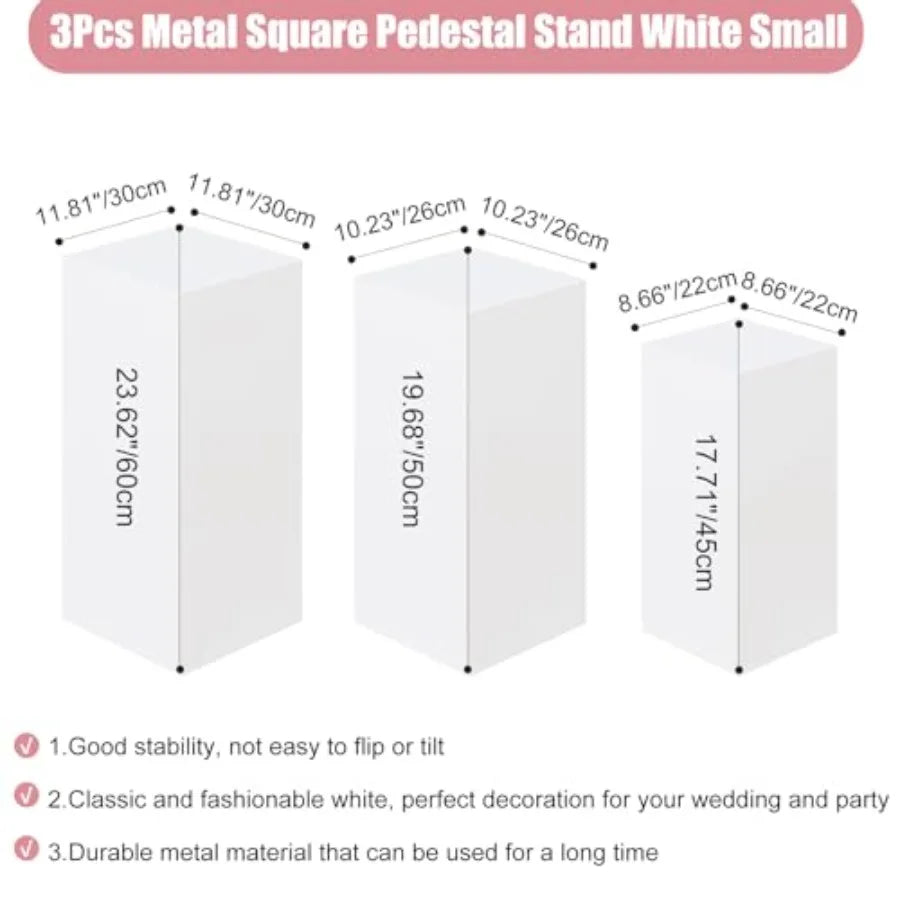3PCS Square Pedestal Stands for Parties, White Metal Square Plinths Dessert Table Cube Display Pillars for Birthday Wedding Brid