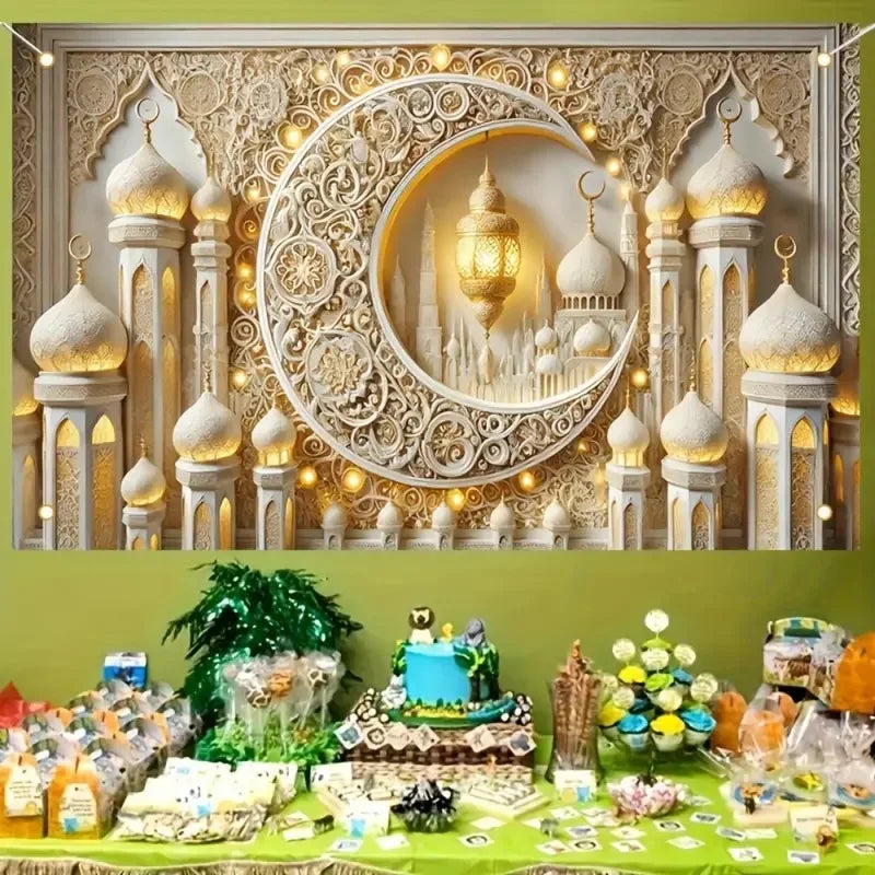 Moon Lantern Eid Mubarak Backdrop Banner Arabian Ramadan Mubarak Photo Background Islamic Muslim Festival Decorations