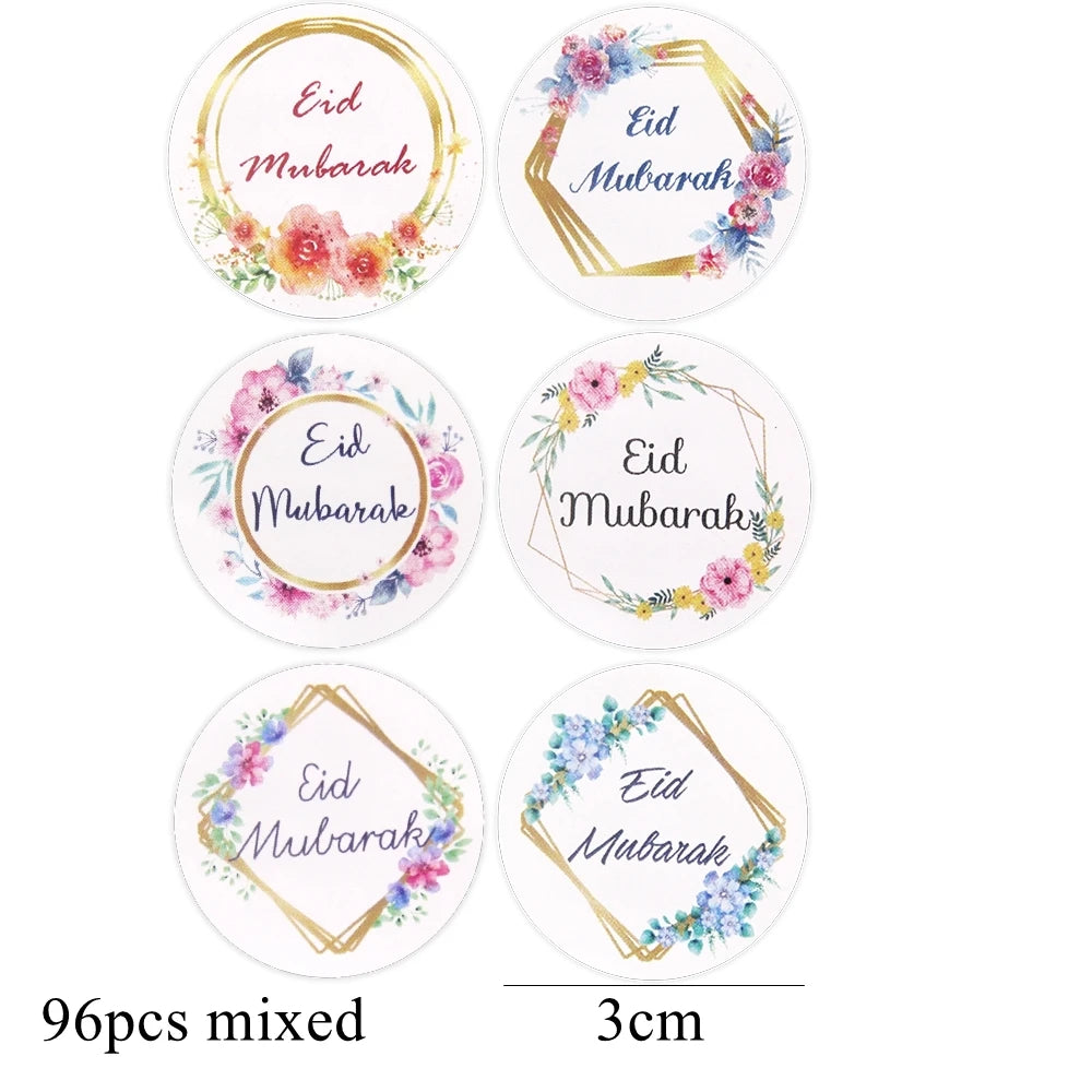 96PCS Eid Mubarak Stickers 3cm Flower Wreath Paper Stickers Ramadan Kareem Muslim Islamic Party Decor DIY Gifts Wrapping Supply