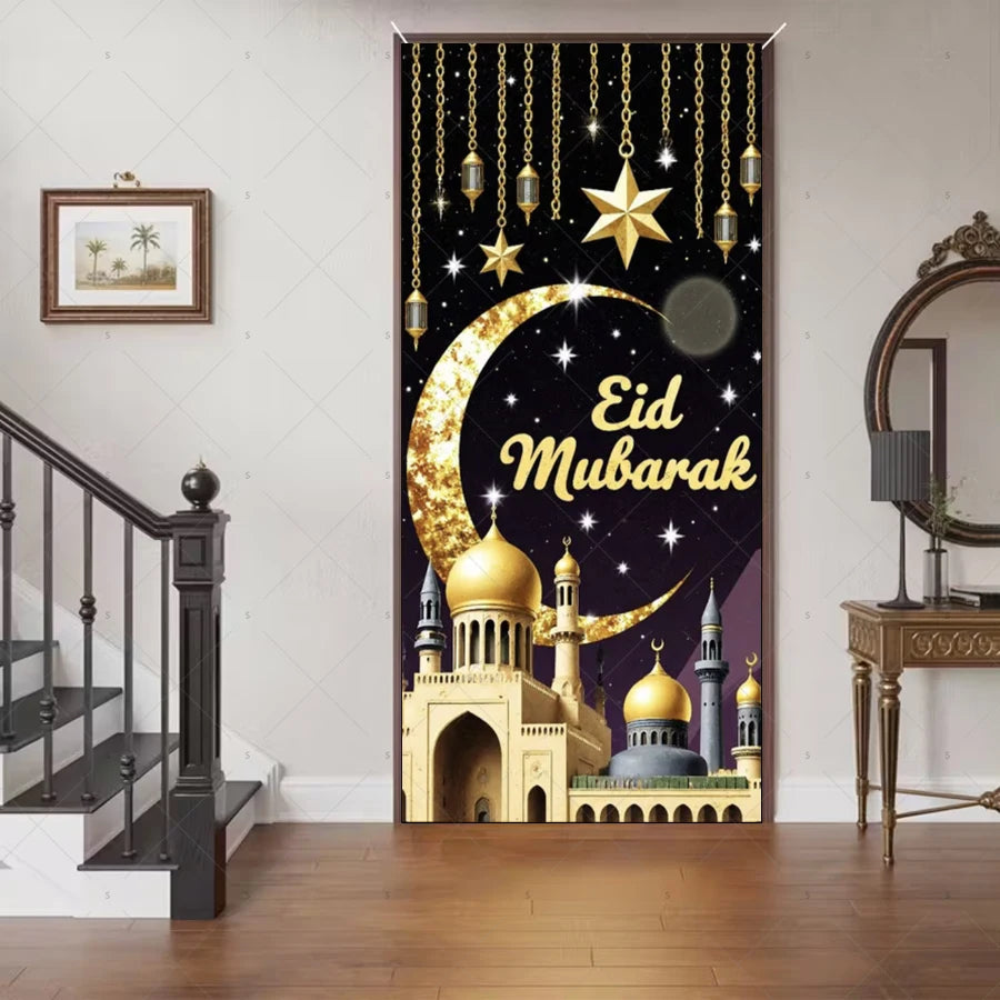 Ramadan Eid Door Cover Backdrop Supplies Moon Mosque Background Islamic Muslim Festival Theme Party Decoration Photography Props