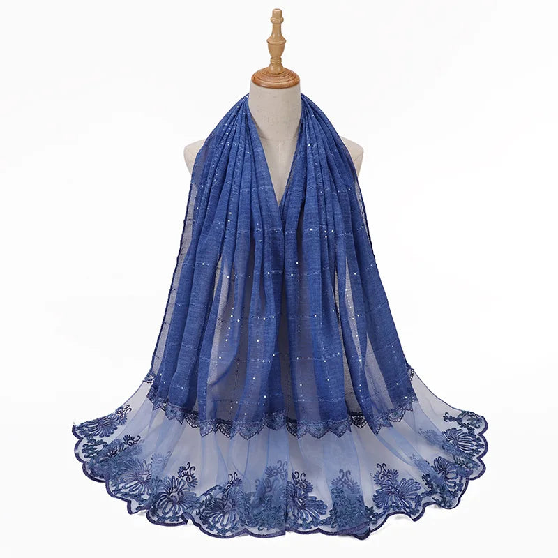 New Designers Lace Scarf Women Luxury Hijabs for Woman Bandana Shawl Veil Comfort Wear Paillette Embroidery Scarves Wrap Hijabs