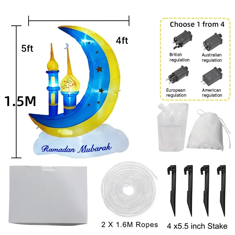 Ramadan Decoration 2025 Inflatables Eid Mubarak Crescent Moon & Star Minaret LED Lights Indoor Outdoor Garden Shop Cafe Decor