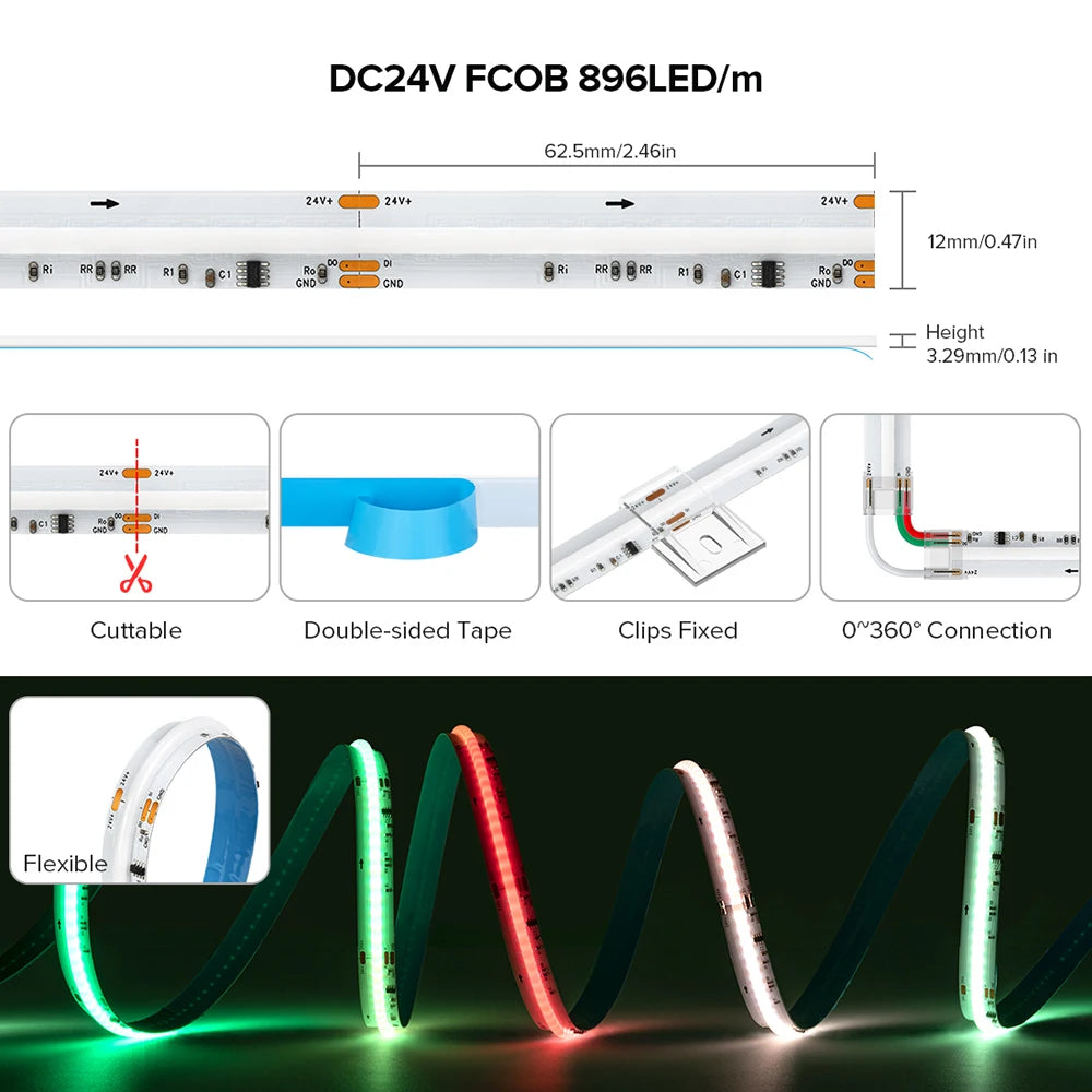 FCOB SPI RGBW IC LED Light Strip WS2814 Addressable 896 LED Dream Color 12mm DC24V SK6812 High Flexible FOB COB Lights RA90 IP30