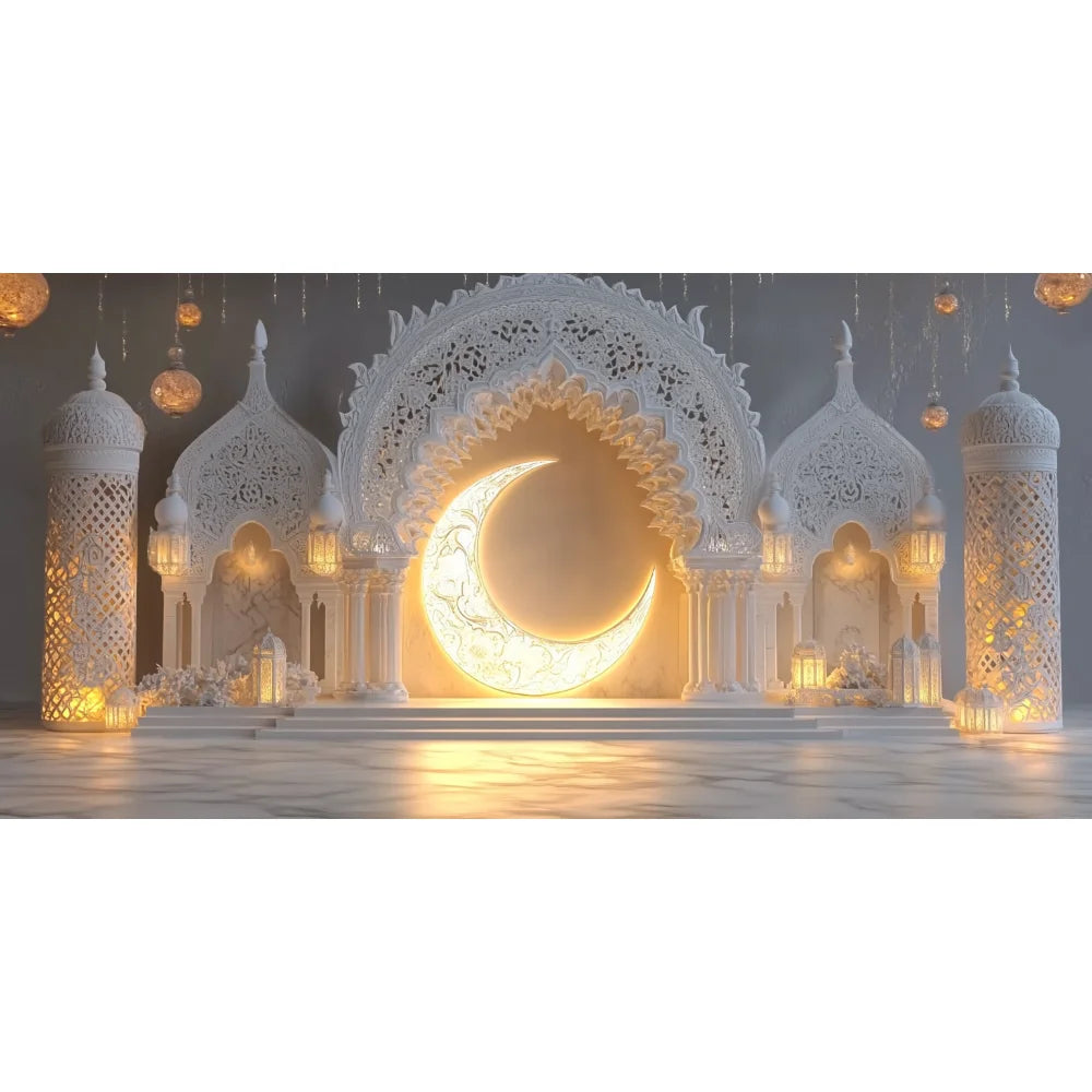 Golden Moon Eid Mubarak 2025 Decor Banner Background Lights Ramadan Kareem Islamic Building Muslim House Party Photo Backdrop