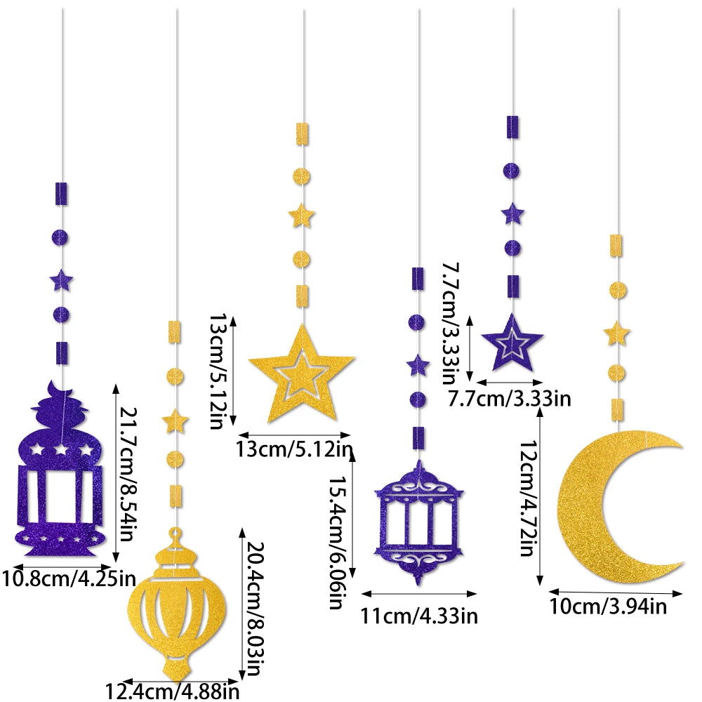 1Set EID Mubarak Paper Flash Star Moon Hanging Banner Decoration Ramadhan Kareem Islam Muslim Festival Party Gift Supplies