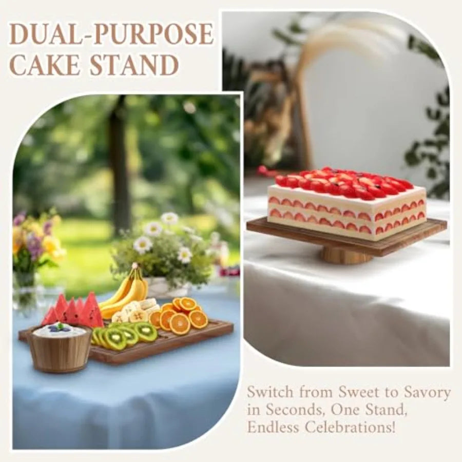 Acacia Wood Cake Stand with Lid, 3 in 1 Rectangular Cake Holder, Wooden Cake Plate with Strong lagnetic Base, Dessert Table Disp