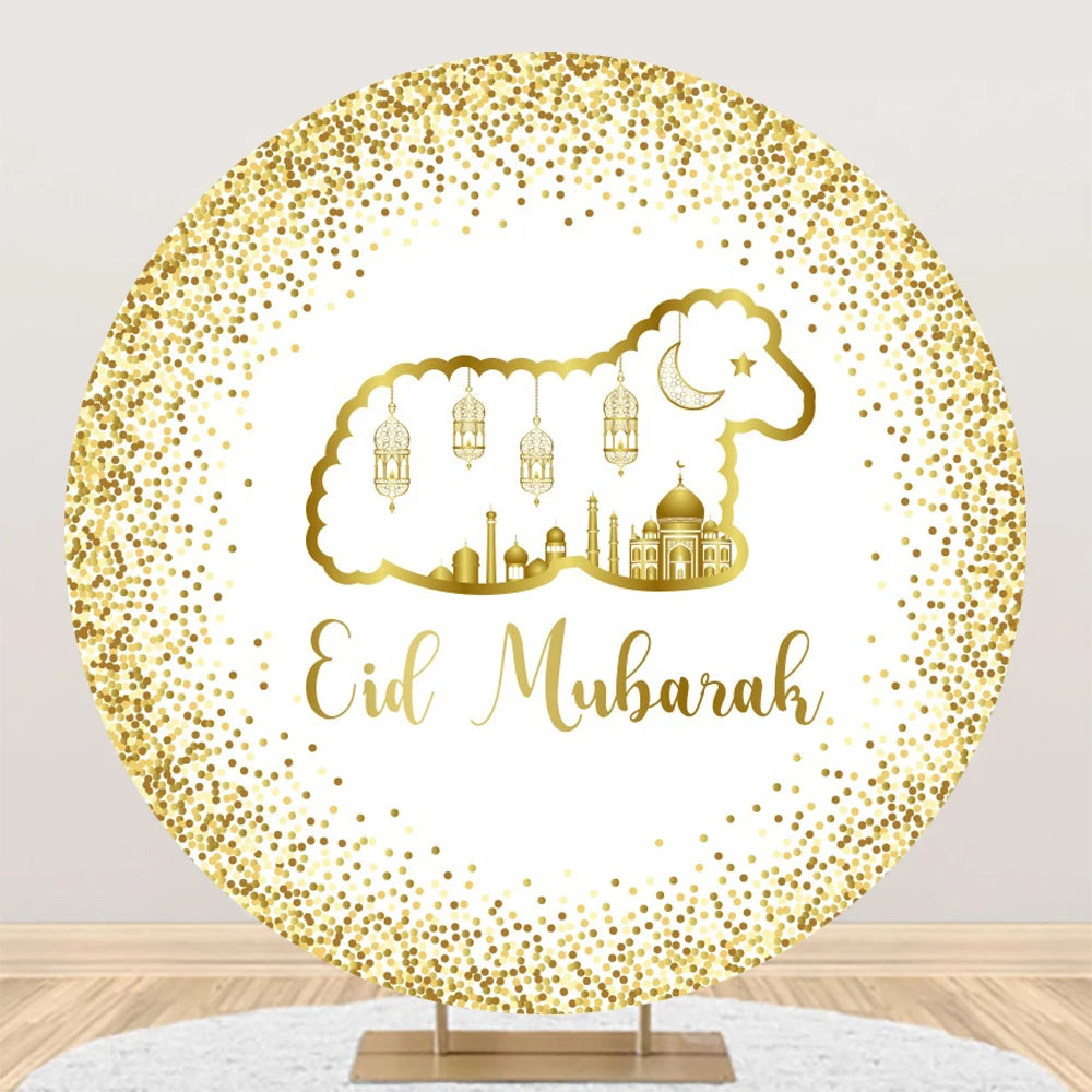 Eid al Fitr Mubarak Round Backdrop Cover Arab Ramadan Karim Golden Moon Star Cloud Lantern Party Decor Banner Photo Stall Props
