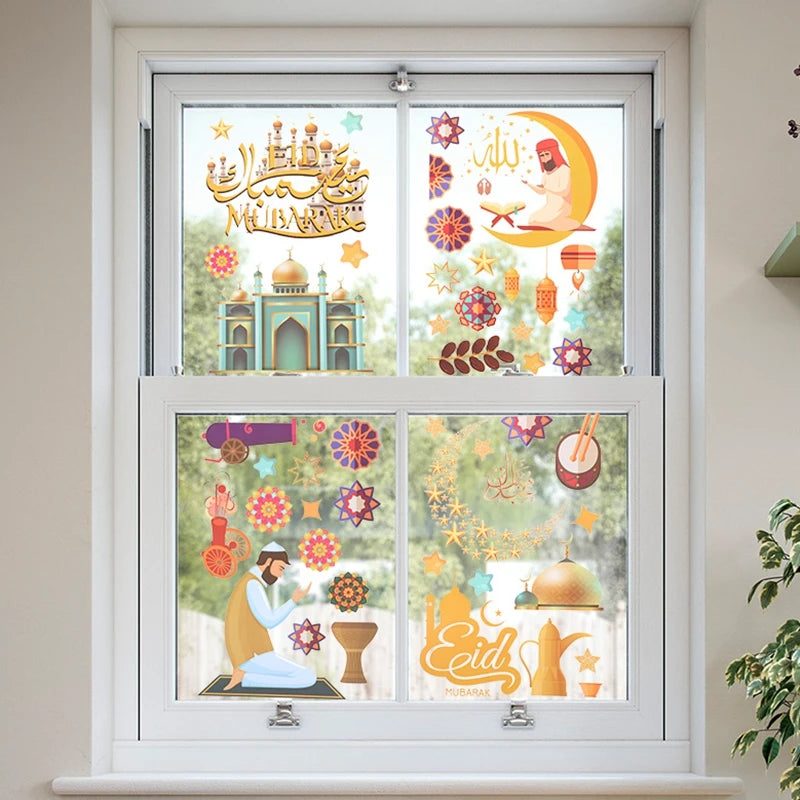 9pcs Eid Mubarak Window Stickers Islamic Muslim Party Supplies Ramadan Kareem Decoration for Home Eid Al-fitr Gifts
