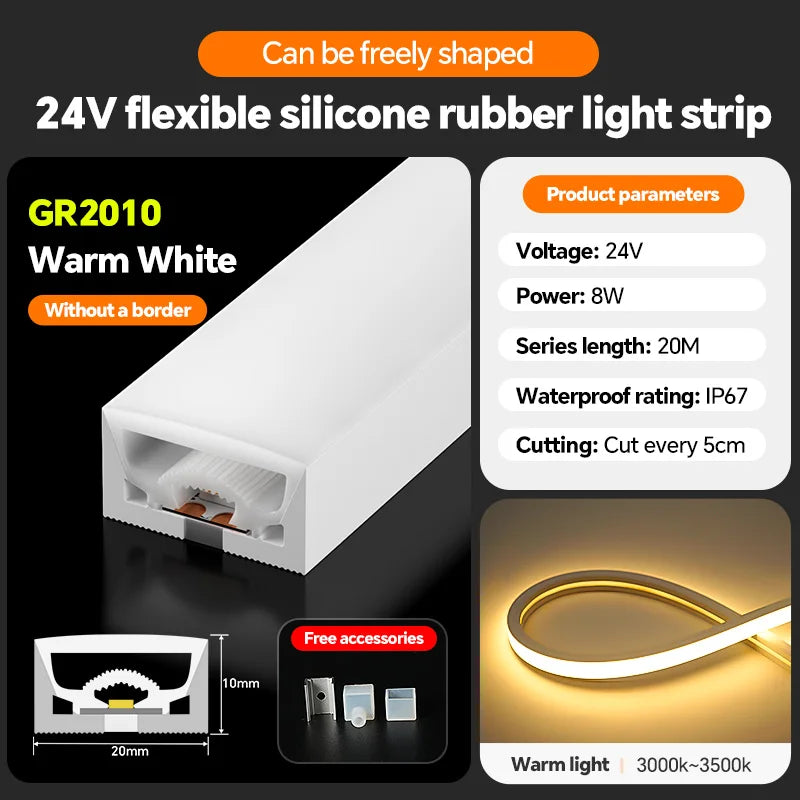 LED silicone light strip, linear light strip, embedded, 24V, waterproof, flexible, curved shape light