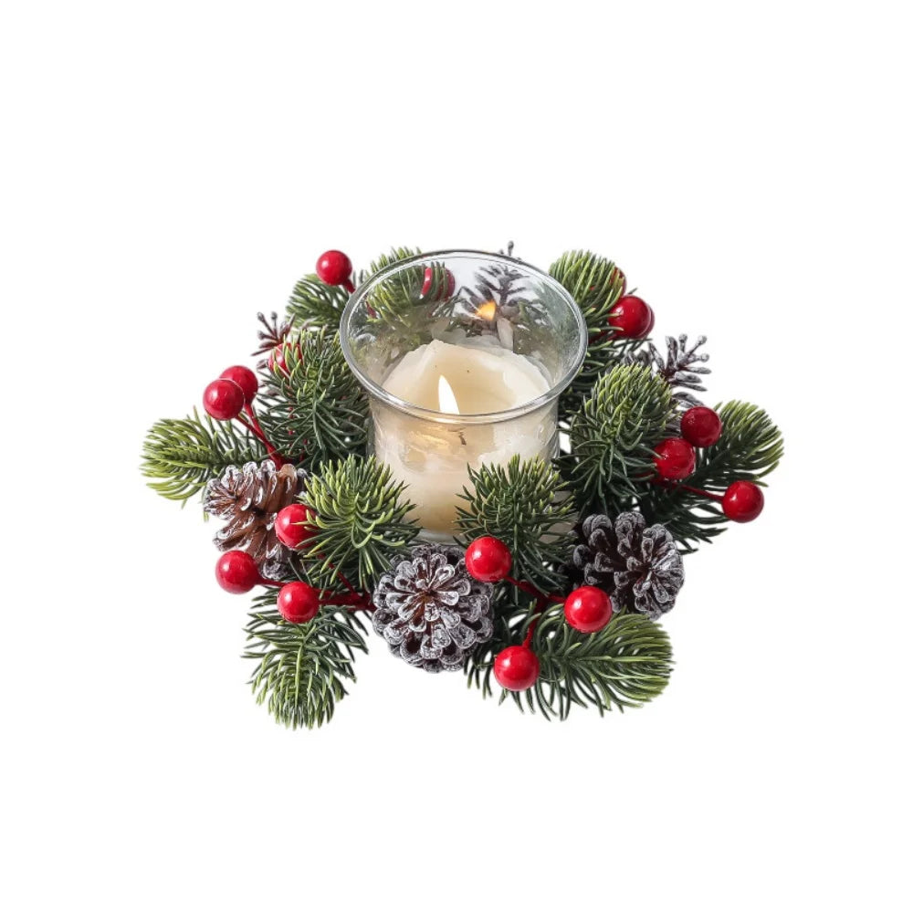 Red Berry Wreath Classic Candle Holder Decorative Ring Festive Pinecone Decoration For Table Decor Holiday Gathering Christmas