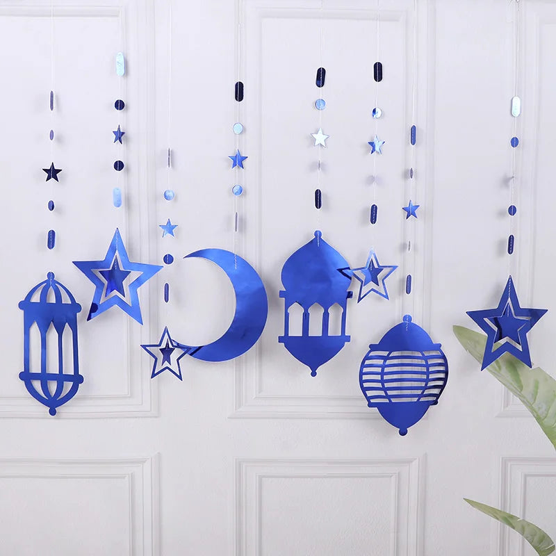 Ramadan Gold Silver Star Moon Lantern Hanging Streamer Garland Eid Mubarak Home Decoration 2025 Muslim Islamic Party Supplies
