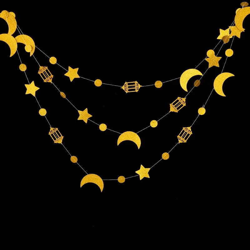 Gold Eid Mubarak Ramadan Decor Paper Star Moon Circle Dot Crescent Lamp Garland for Home Muslim Party Backdrop Banner Decoration