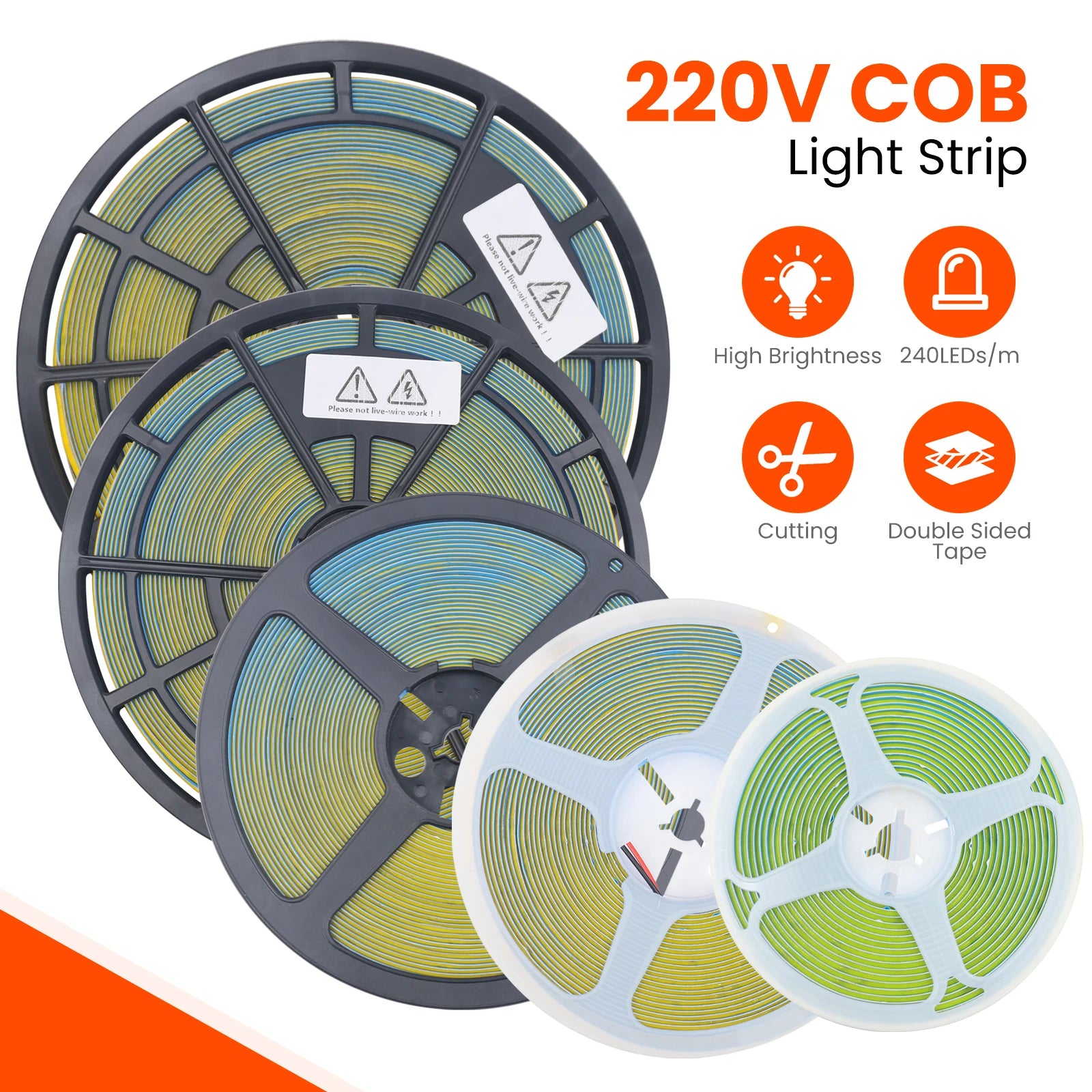 AC 220V COB Strip 240Leds/M 5M 10M 20M 50M/Roll Red/Green/Ice Blue/Pink/White/Purple Flexible Ribbon LED Light For Home Decor