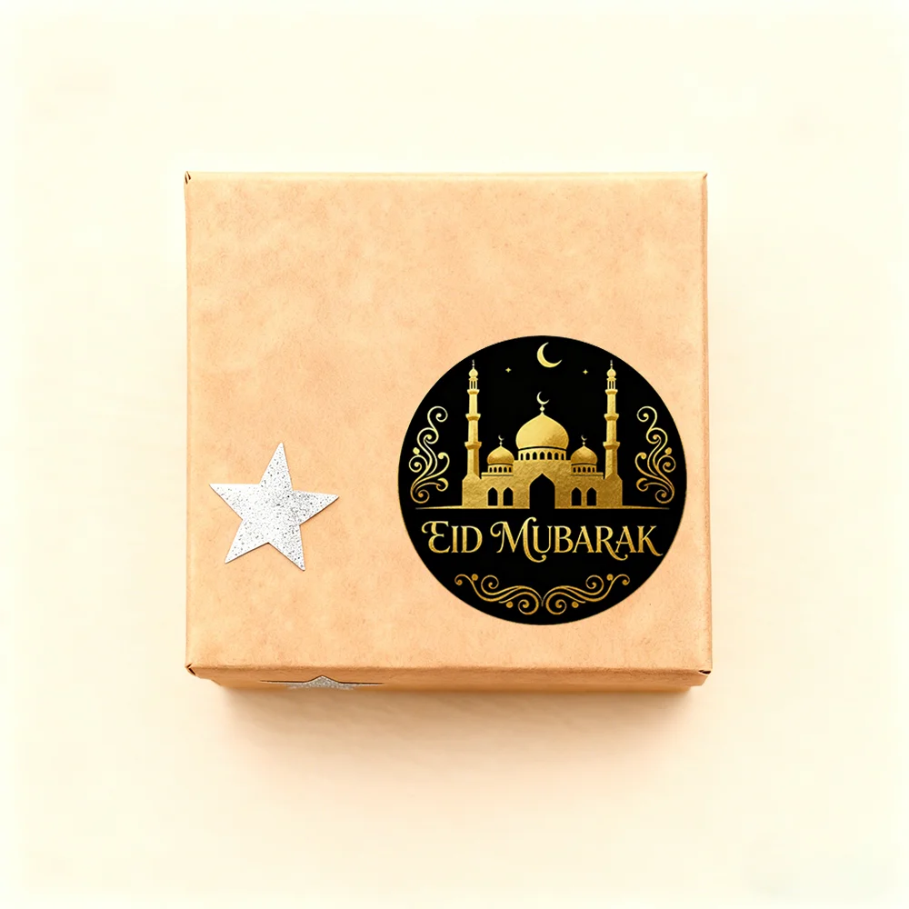 Eid Mubarak Round Stickers Black & Gold Crescent Ornate Decorative Decals, Ideal for Eid Gift Bags, Boxes and Envelopes