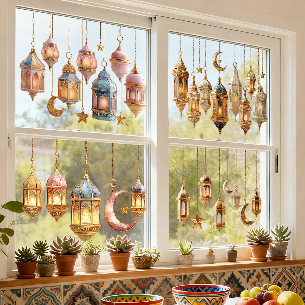 1pcs Eid Ramadan Star Moon Lantern Window Wall Stickers Decoration Ramadan Wall Stickers Islamic Muslim Background Wall Stickers