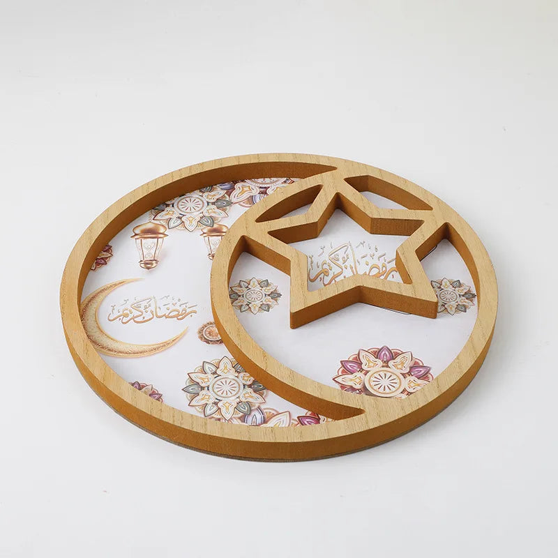 1pc EID Mubarak Wooden Ornaments Decor Star And Moon Tray Ramadan Decoration Home Islamic Muslim Party Decor Party Supply