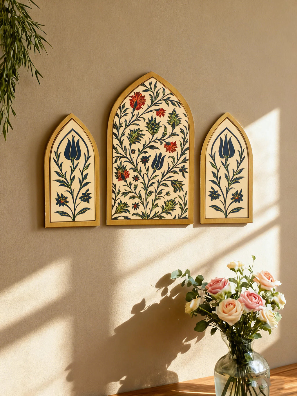 3pcs Islamic Arch Window Style Wall Hanging Floral Pattern Decor Wall Stickers for Ramadan & Eid Home Decor Muslim Festival Gift
