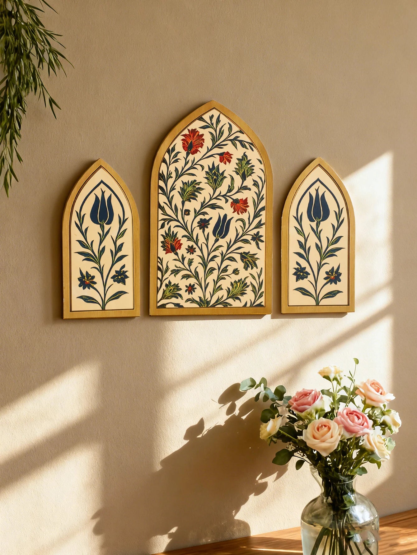 3pcs Islamic Arch Window Style Wall Hanging Floral Pattern Decor Wall Stickers for Ramadan & Eid Home Decor Muslim Festival Gift