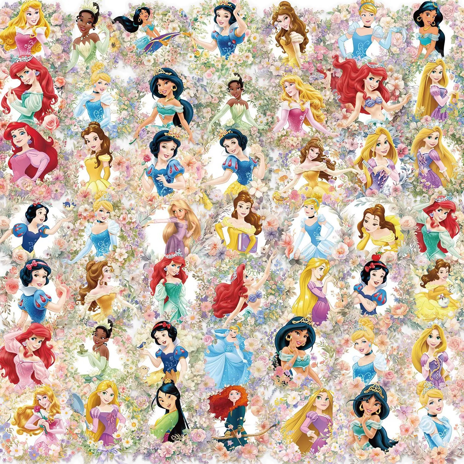 50PCS Disney Princess Flower PET Transparent Stickers Phone Scrapbook Guitar Laptop Suitcase Waterproof Sticker Toys Decals