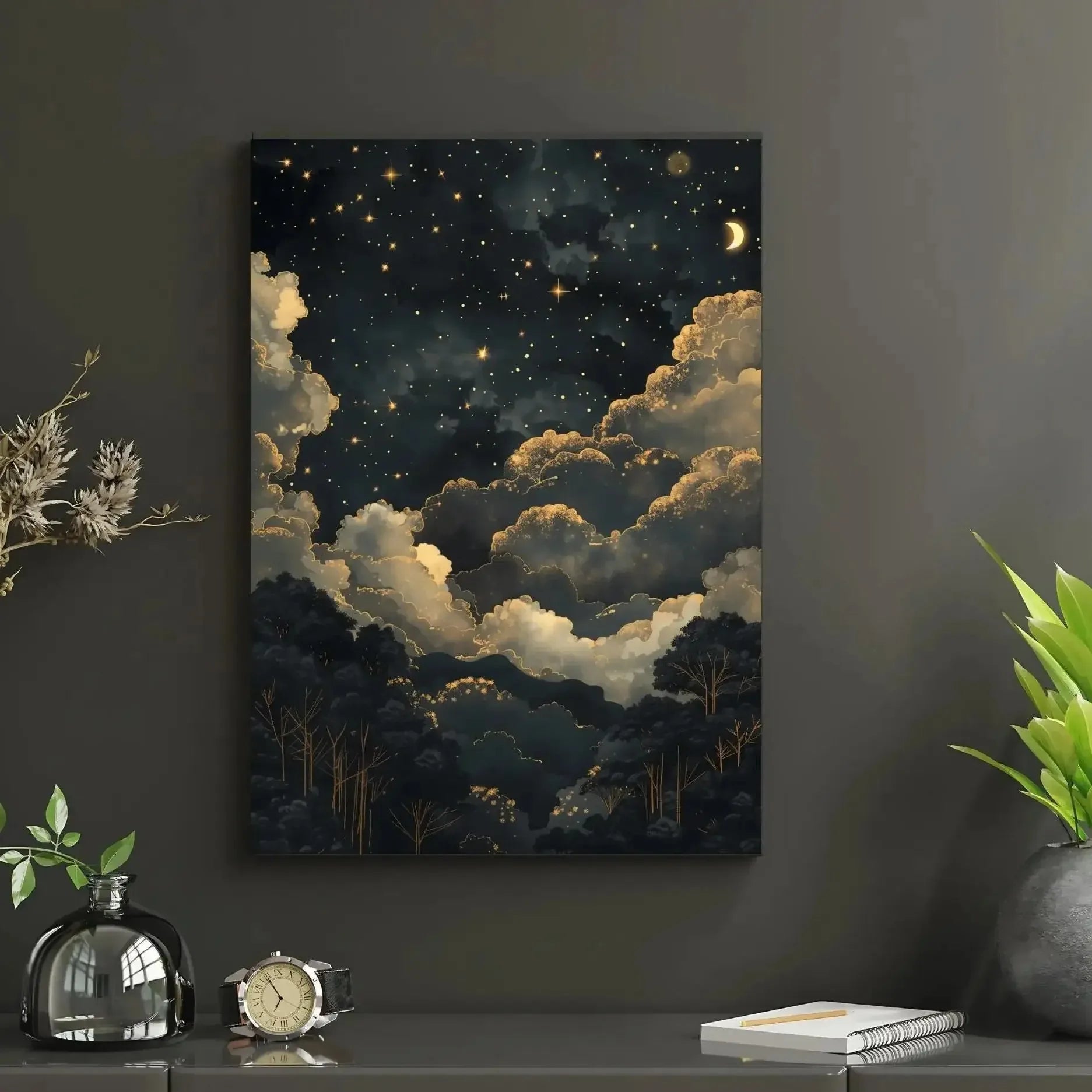 1pc Crescent Moon in Starry Night Sky Folk Art Floral Moon Stars Canvas Print Eclectic Decor Vintage Nature Wall Art Moody Decor