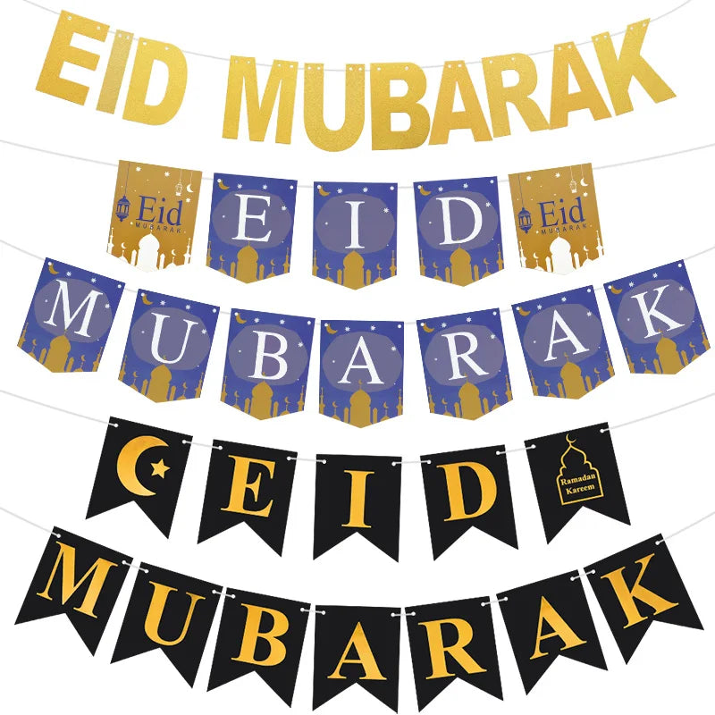 EID Mubarak Banner Glitter Star Moon Letter Paper Bunting Garland Islamic Muslim Party Ramadan Kareem Decorations for Home 2026