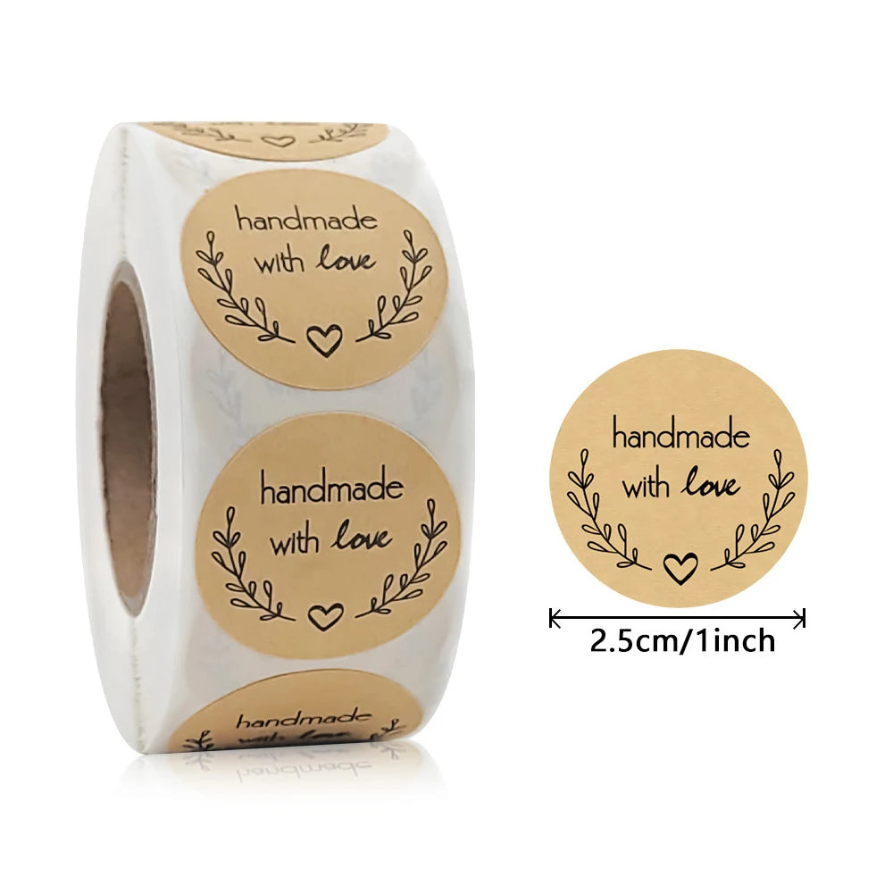 500pcs 1inch Handmade with Love Stickers Baking Kraft Paper Stickers Packaging Envelope Seals Wedding Birthday Party Gift Labels