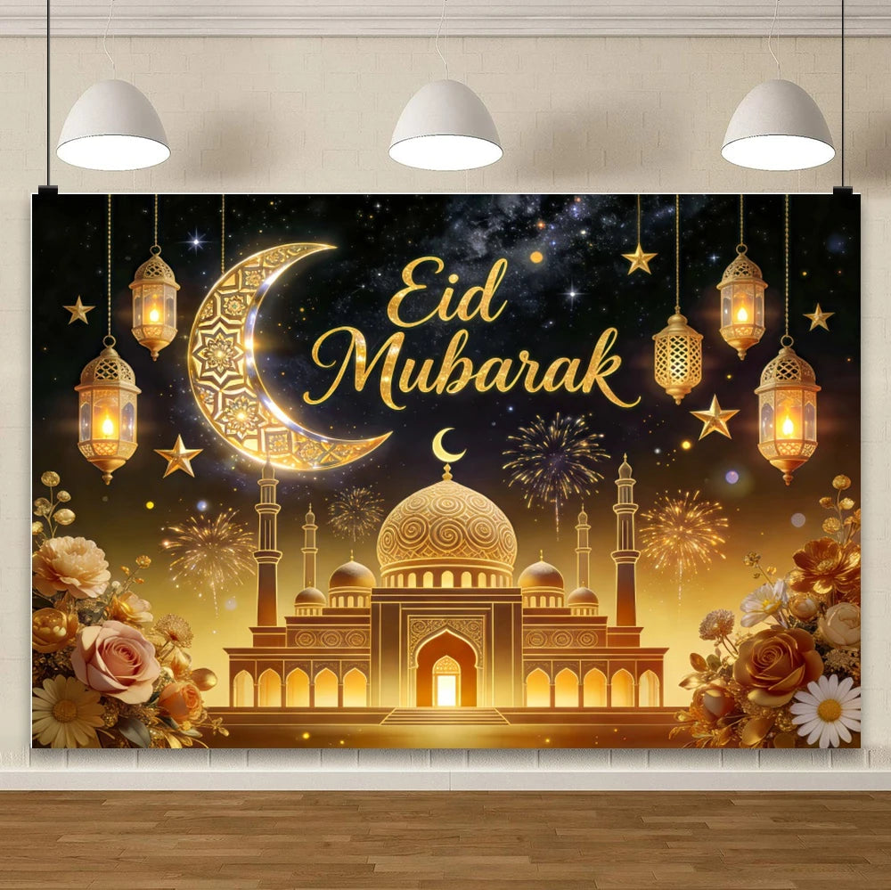 Eid Mubarak Hari Raya Theme Backdrop Islamic Architecture Crescent Moon Gold Decor For Festival Celebration Photo Booth Gift Pos