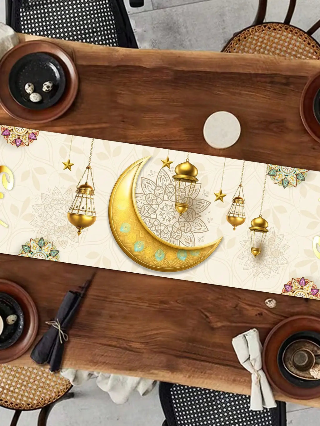 1Pc Eid Mubarak Decorative Table Runner, Gold Painted Star and Moon Table Runner, Muslim Holiday Party Table Runner, Long Tablecloth