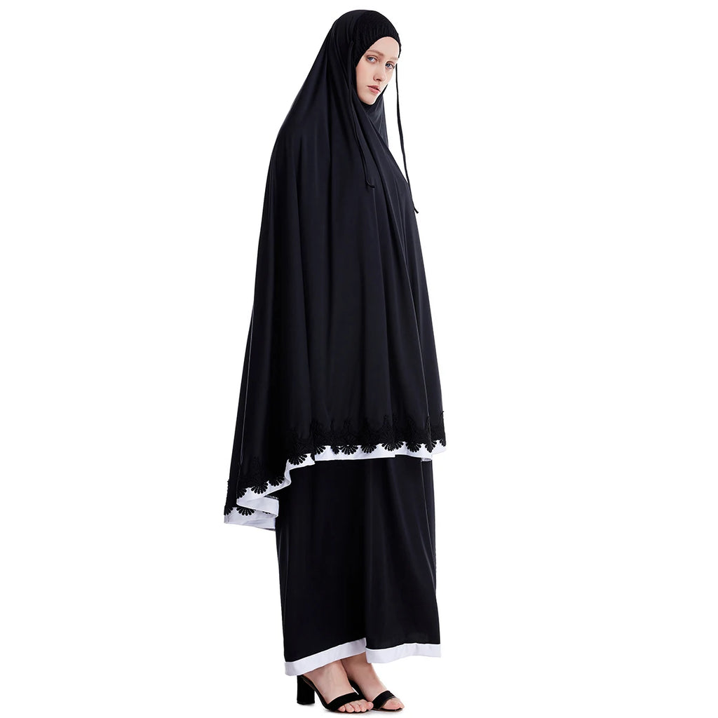 Muslim Women Burqa Dress Lace Two-piece Suit Ethnic Lady Hijab Abaya Suit Ramadan Eid Prayer Garment