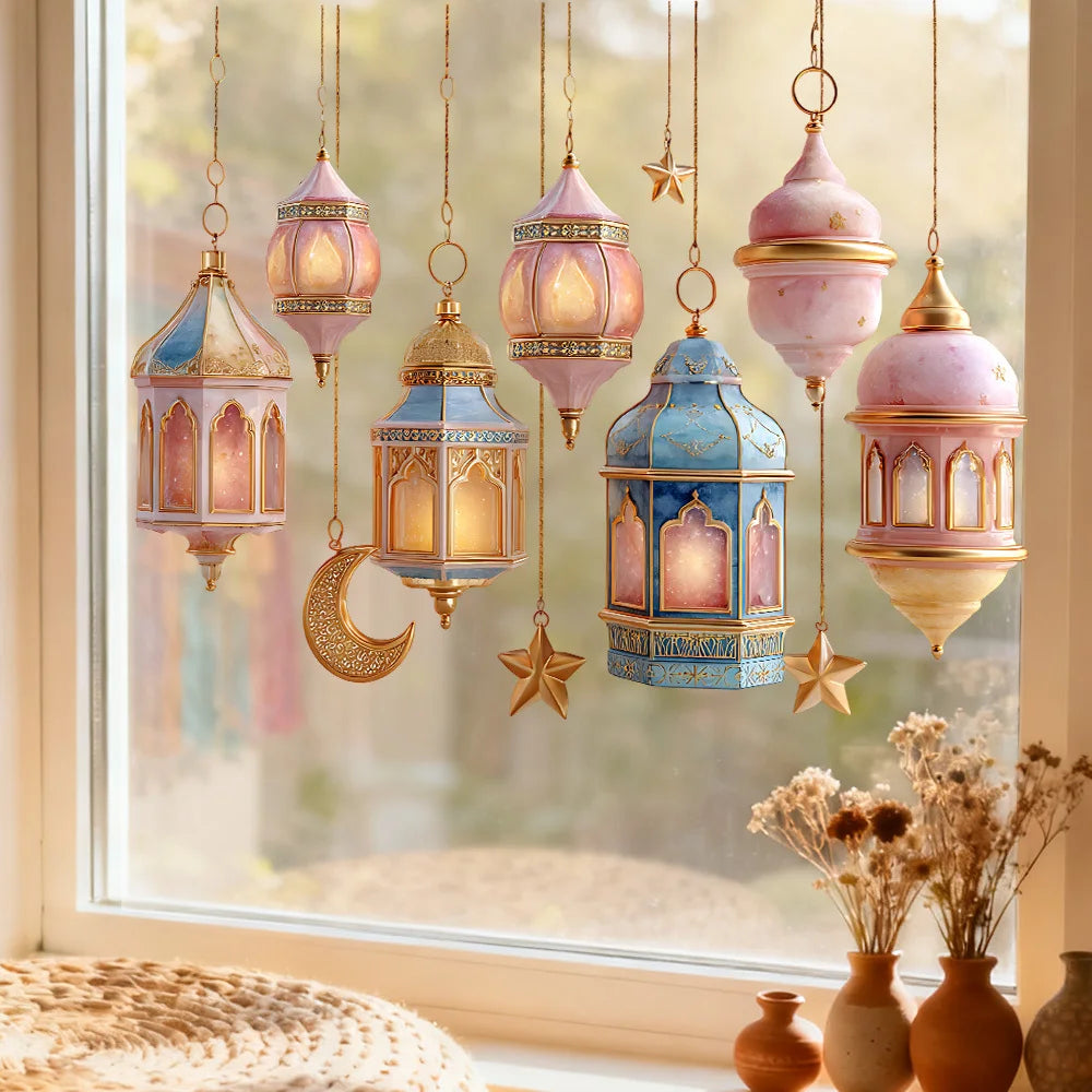 1pcs Eid Ramadan Star Moon Lantern Window Wall Stickers Decoration Ramadan Wall Stickers Islamic Muslim Background Wall Stickers