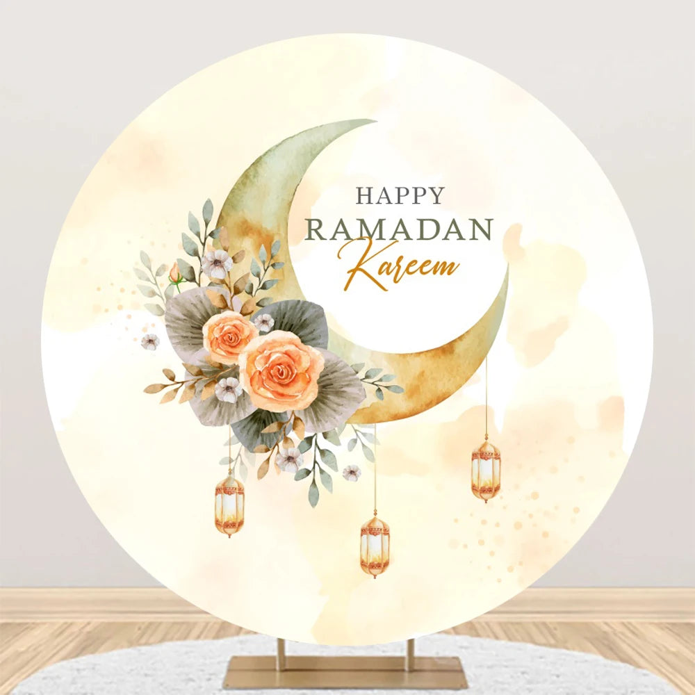 Eid al Fitr Mubarak Round Backdrop Cover Arab Ramadan Karim Golden Moon Star Cloud Lantern Party Decor Banner Photo Stall Props