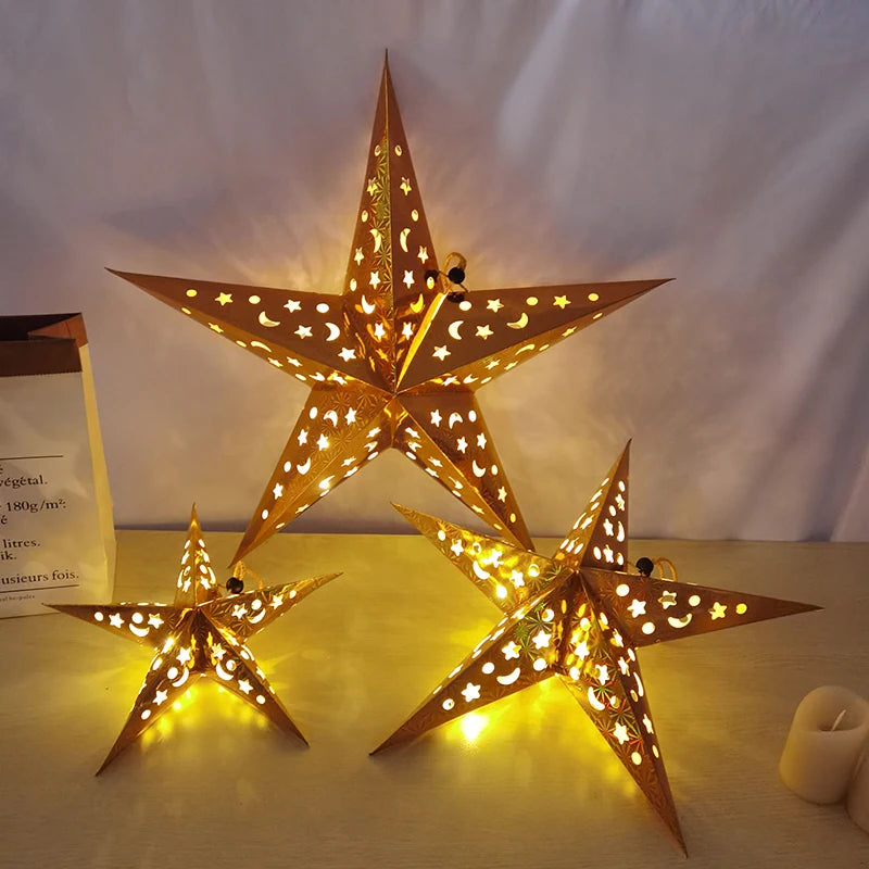 Eid Mubarak Decoration Hollow Star Hanging Pendant Ramadan Kareem LED Light Lantern 2025 Islamic Muslim Party Supplies Birthday