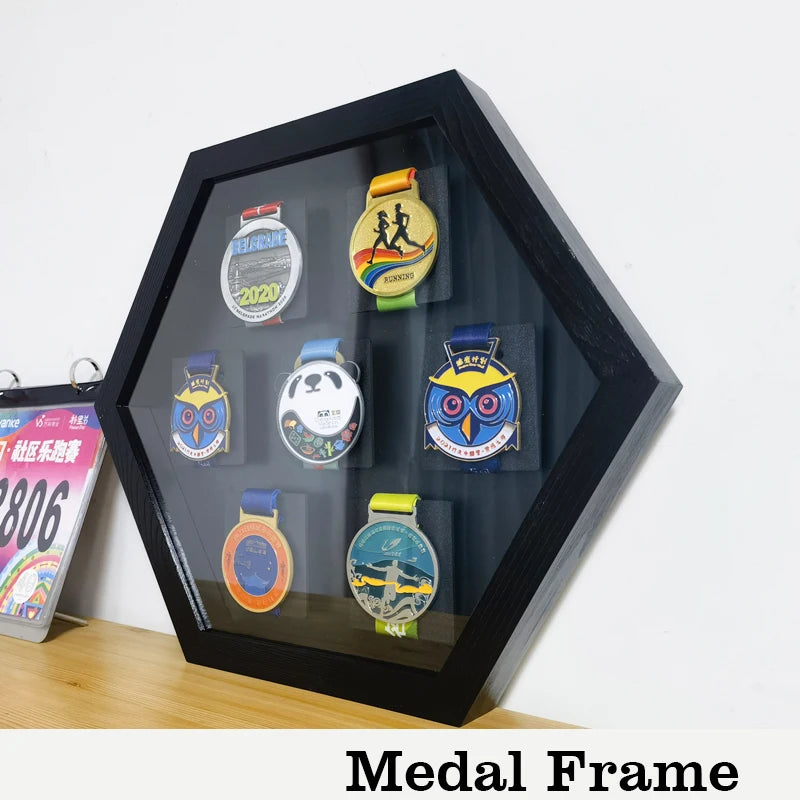Wooden Hexagonal Medals Frames for Marathon, Display, Wall Mounted Picture for Sports, Football, Running, Swimming<