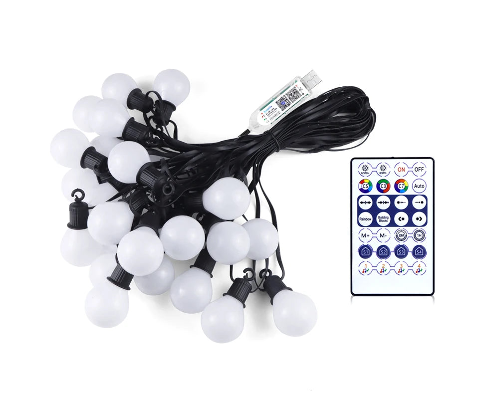 Smart WIFI and Bluetooth G40 LED Bulb String 15M/30M USB Festoon Fairy Lights Room Outdoor Garden Camping Decor Garland Light