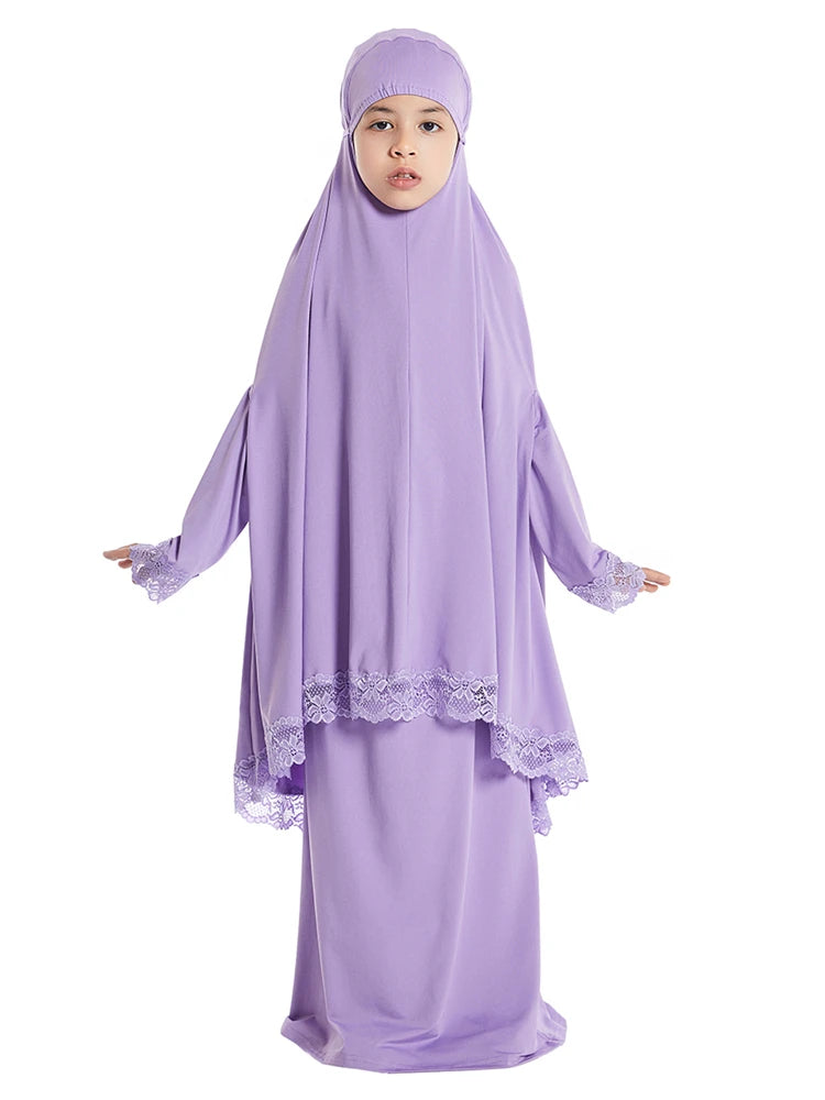 Muslim Kids Girls Hijab Dress Ramadan Khimar Skirt Set Overhead Eid Prayer Garment Burqa Abaya Robe Kaftan Hooded Gown