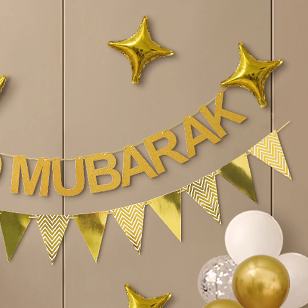 Ramadan Eid Mubarak Moon Stars Gold Silver Balloon Set Party Decoration Set up 1 Set 35 Pieces