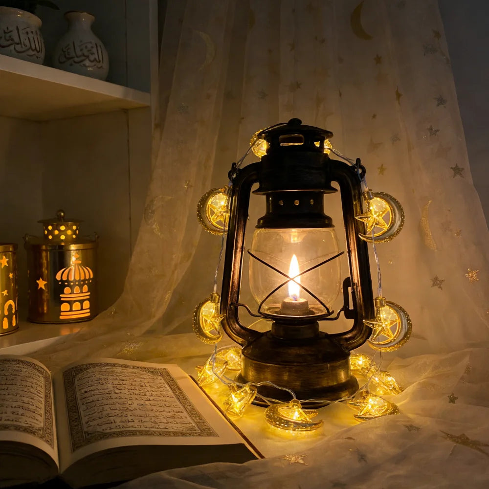 1PC 1.5M10LED Ramadan Moon Star Lantern Fairy String Lights,Battery Operated(Excl), for Ramadan Home Islamic Festival Light