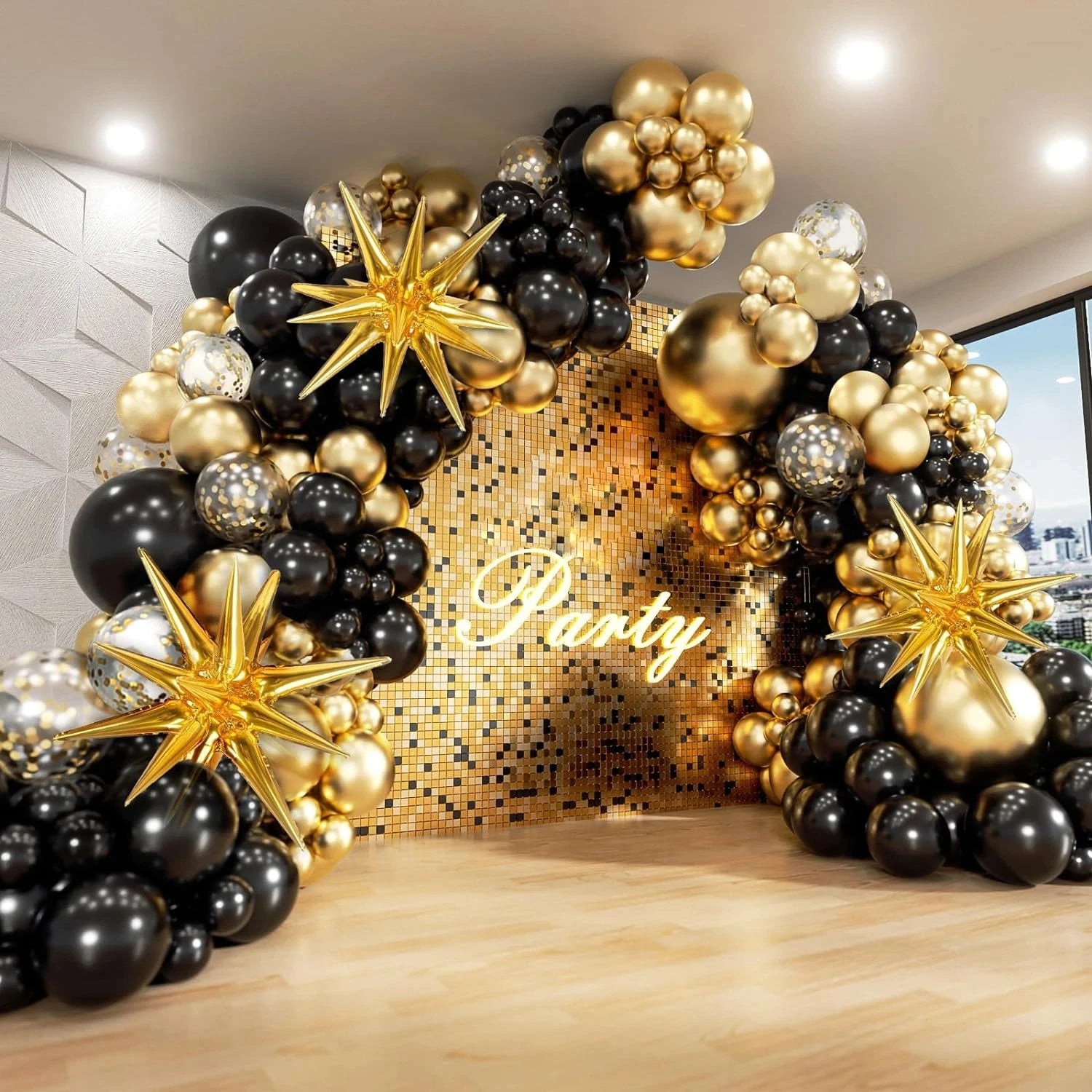 White and Gold Balloons Garland Arch Kit with Starburst Foil Balloon for Wedding Anniversary Birthday Party Decorations Supplie