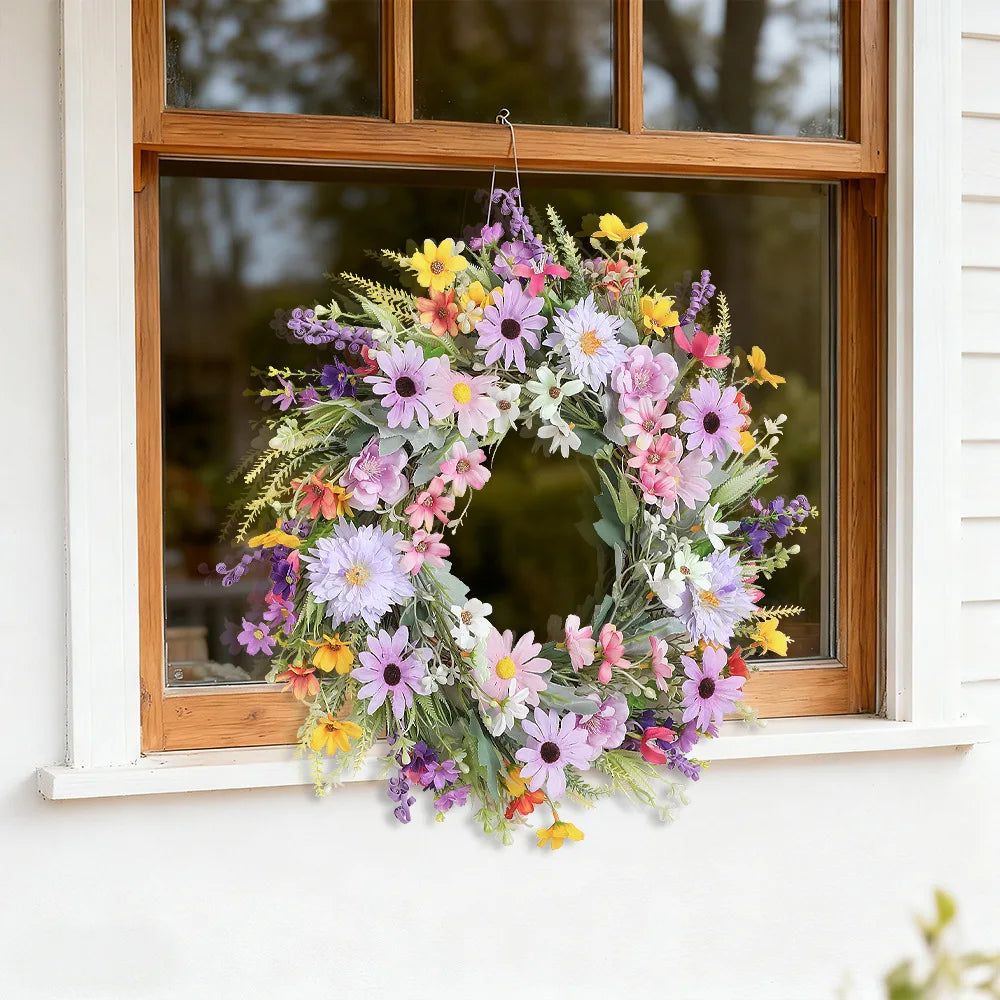 YeeNanee Vibrant Wild Flowers Spring Wreaths for Front Door Artificial Daisy Tulip Lambs Ear Summer Wreath Home Wall Decoration