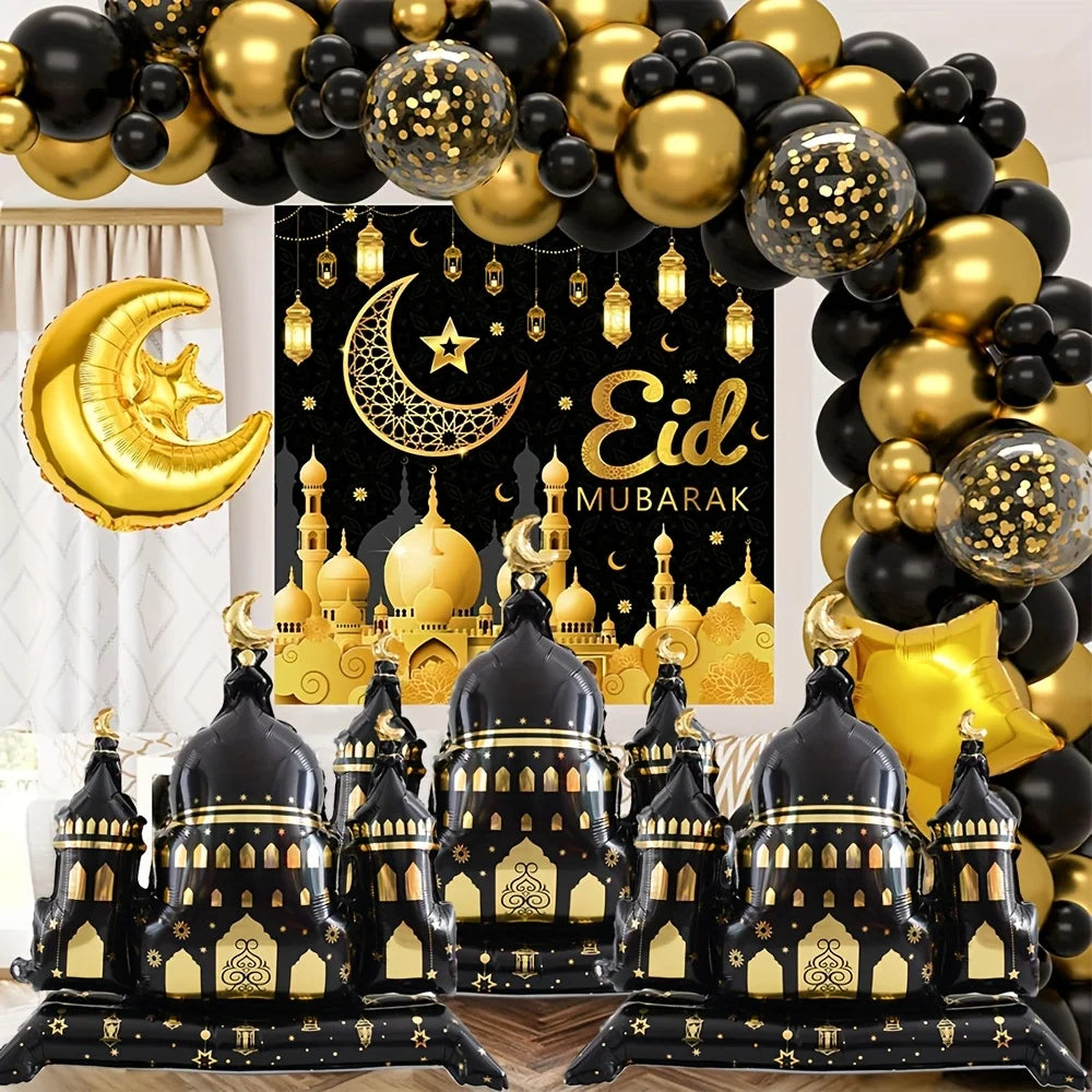 Black Purple Hajj Mubarak Star Moon Aluminum Foil Balloon Set Eid Mubarak Islamic Muslim Festival Pilgrimage Party Decor Balloon